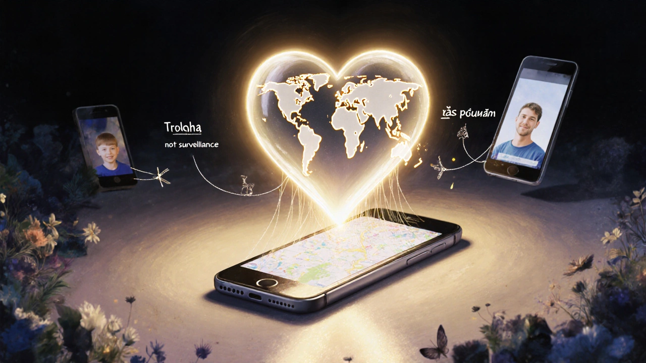 Koncepční obrázek důvěry mezi rodičem a dítětem prostřednictvím sledování polohy.