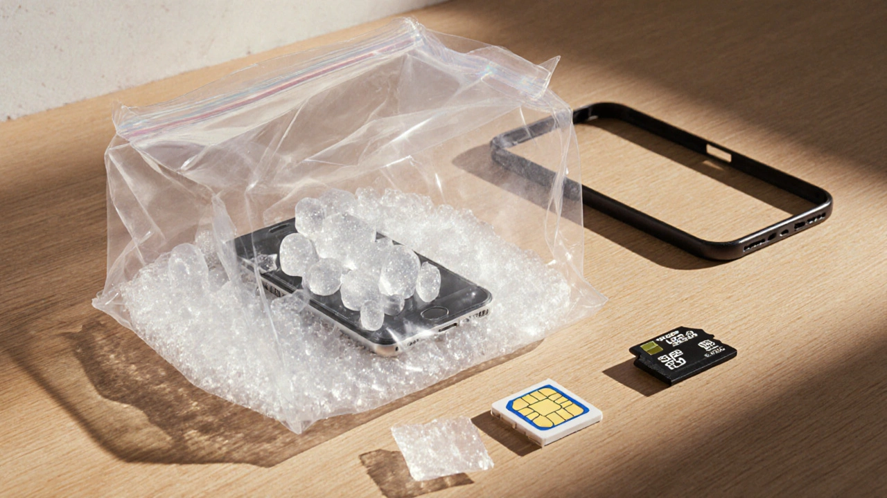 Mobil v plastovém pytlíku s silikagelem na stole vedle SIM a paměťové karty.
