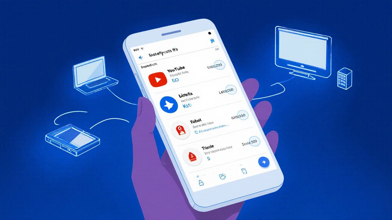 Mobilní aplikace Google Family Link ukazuje omezení přístupu k YouTube na zařízeních.