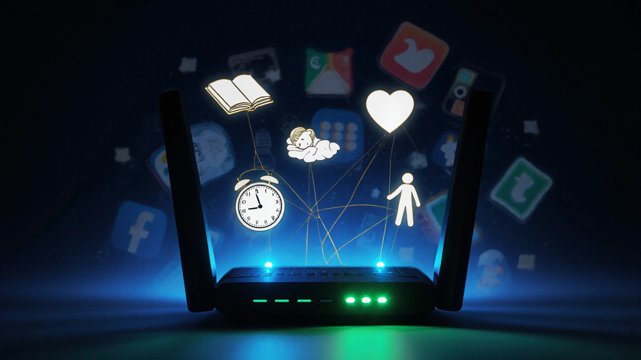 Moderní router symbolizuje vyvážený vztah k internetu s důrazem na spánek a rodinný čas.