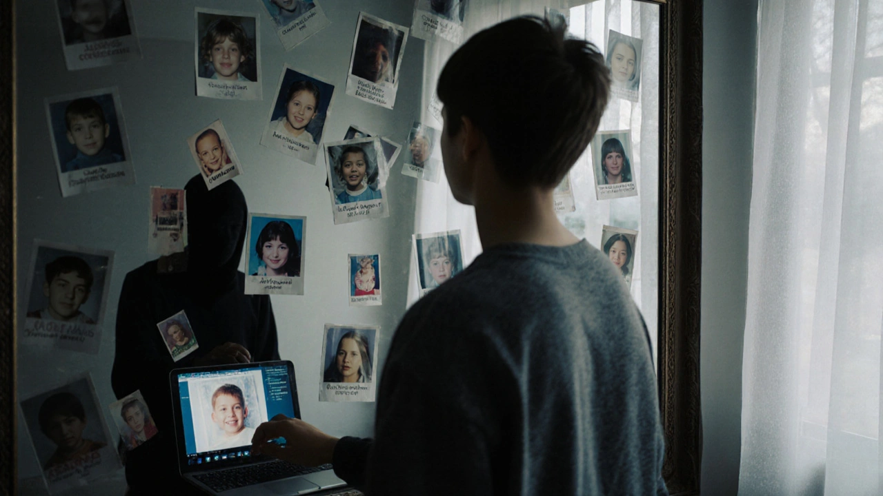 Nepřítomný teenager vidí ve zrcadle dětské fotky místo své vlastní tváře.