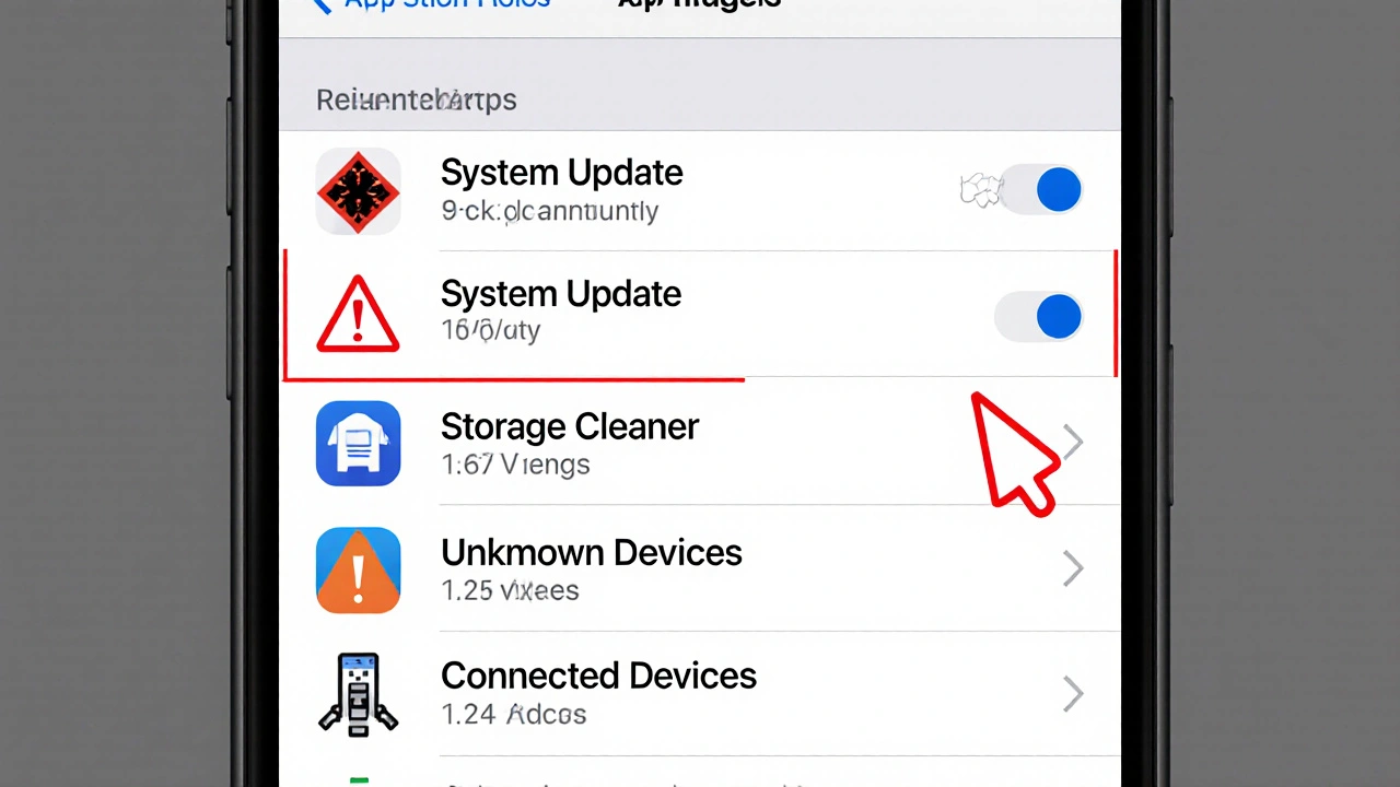 Obrazovka telefonu ukazuje podezřelé aplikace a neznámá zařízení v nastavení s červenými varováními.