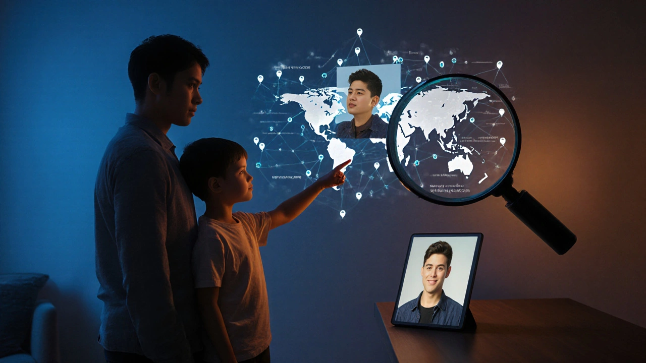 Rodič a dítě pozorují holografickou repliku jejich fotografie šířící se po internetu.