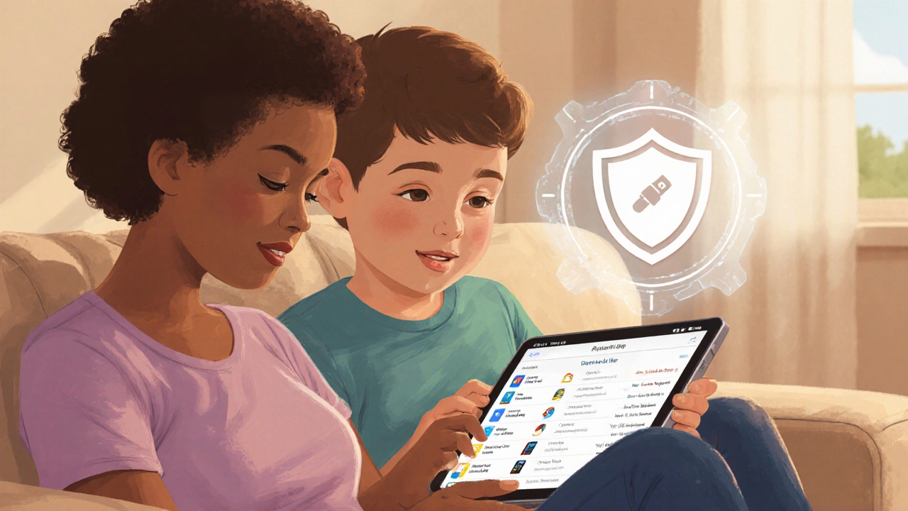 Rodič a dítě společně kontrolují nastavení telefonu, symbolizující obnovu soukromí a bezpečí.