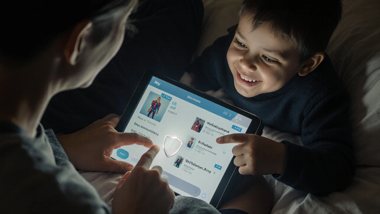 Rodič a dítě společně procházejí internet, vytvářejí důvěru.