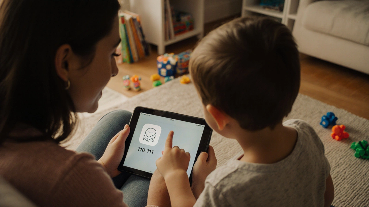 Rodič a dítě společně prohlížejí tablet s mírumilovným výrazem a viditelnou dětskou linkou.