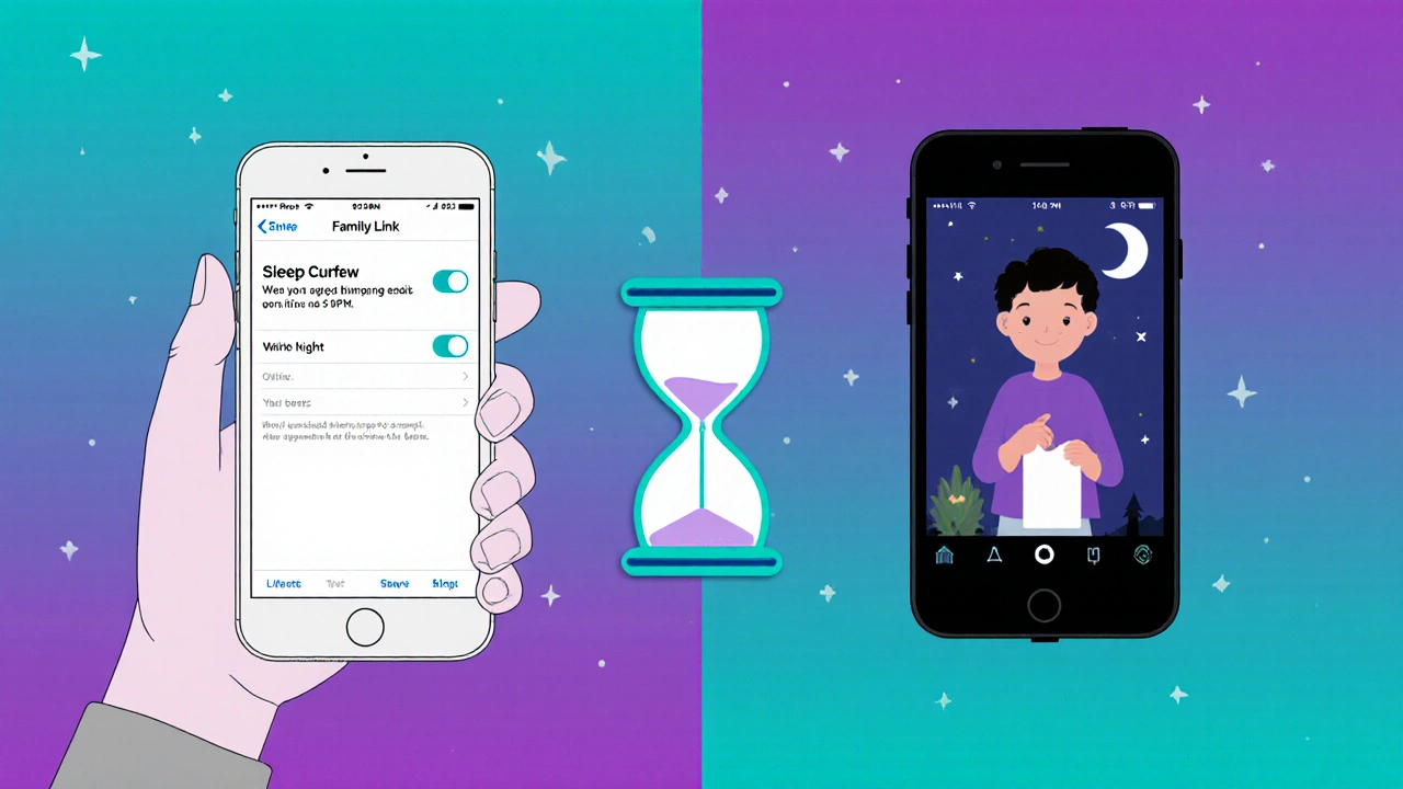 Rodič nastavuje čas spánku dítěte, zatímco telefon dítěte automaticky zablokuje.