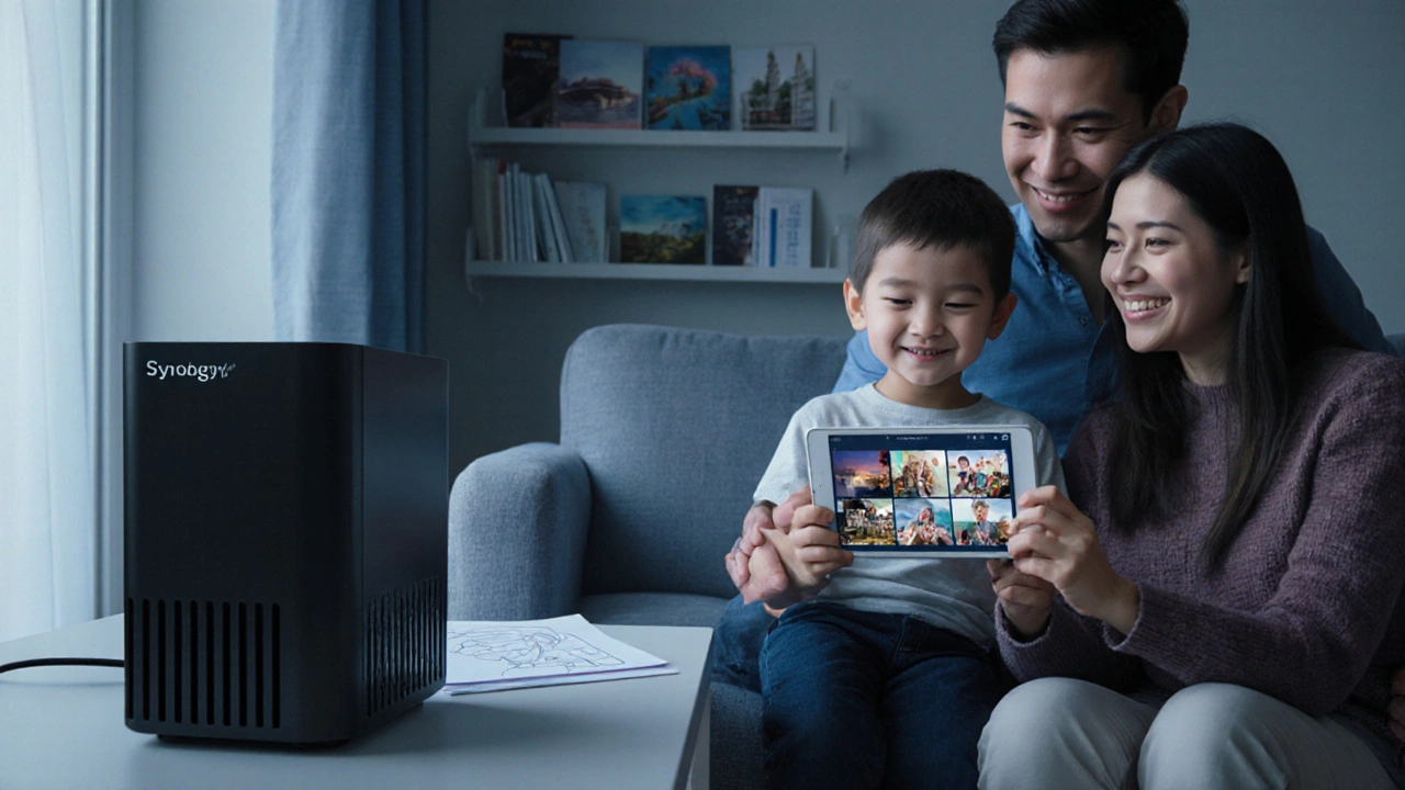 Rodina přistupuje k bezpečnému NAS systému doma.