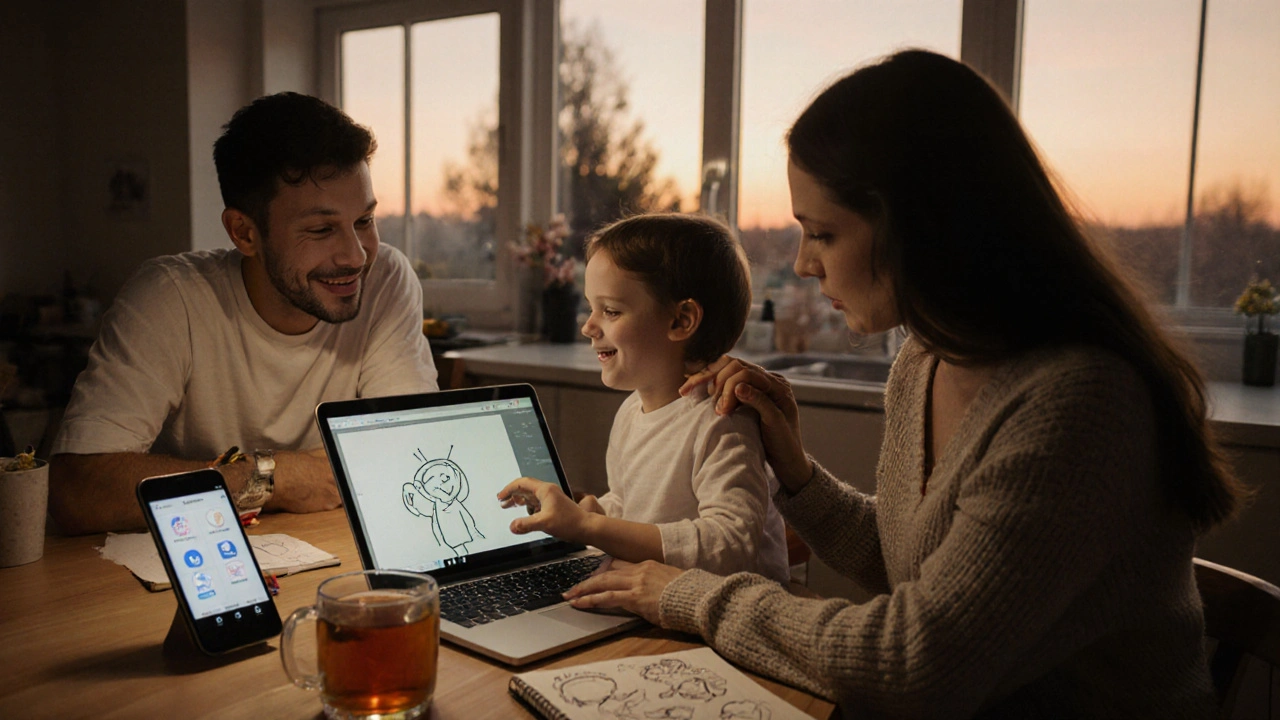 Rodina společně prohlíží počítač na kuchyňském stole, dítě se směje, rodič mu položí ruku na rameno.