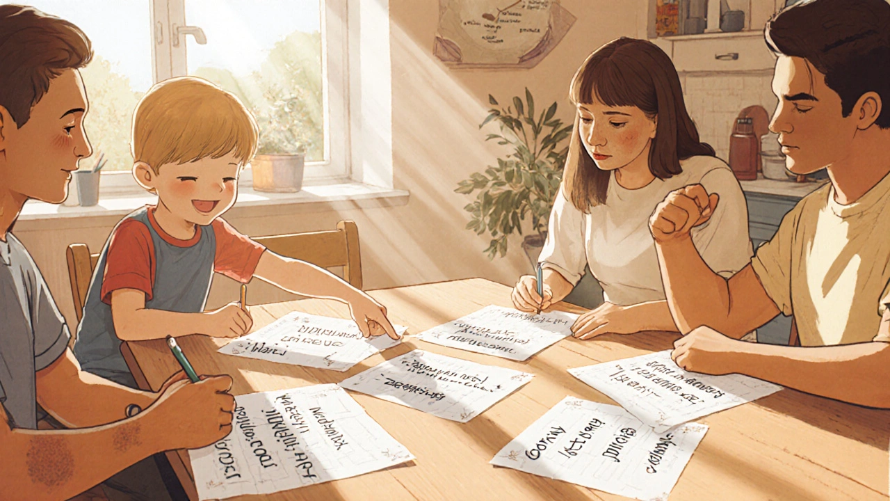 Rodina společně vytváří pravidla bezpečného chování na internetu na papíře.