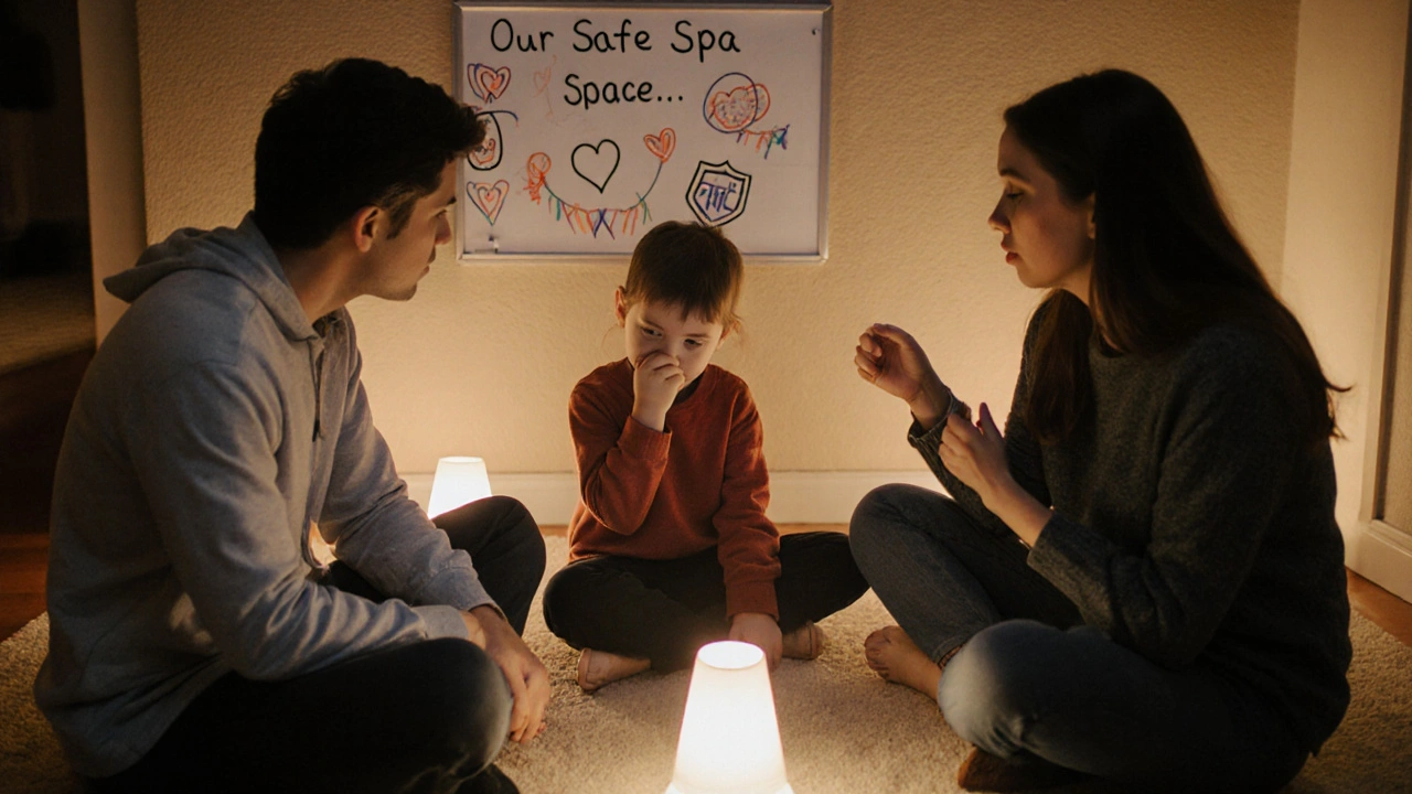Rodina spolu sedí v kruhu večer, dítě mluví, na stěně je tabule s nápisem &#039;Naše bezpečná místa&#039;.