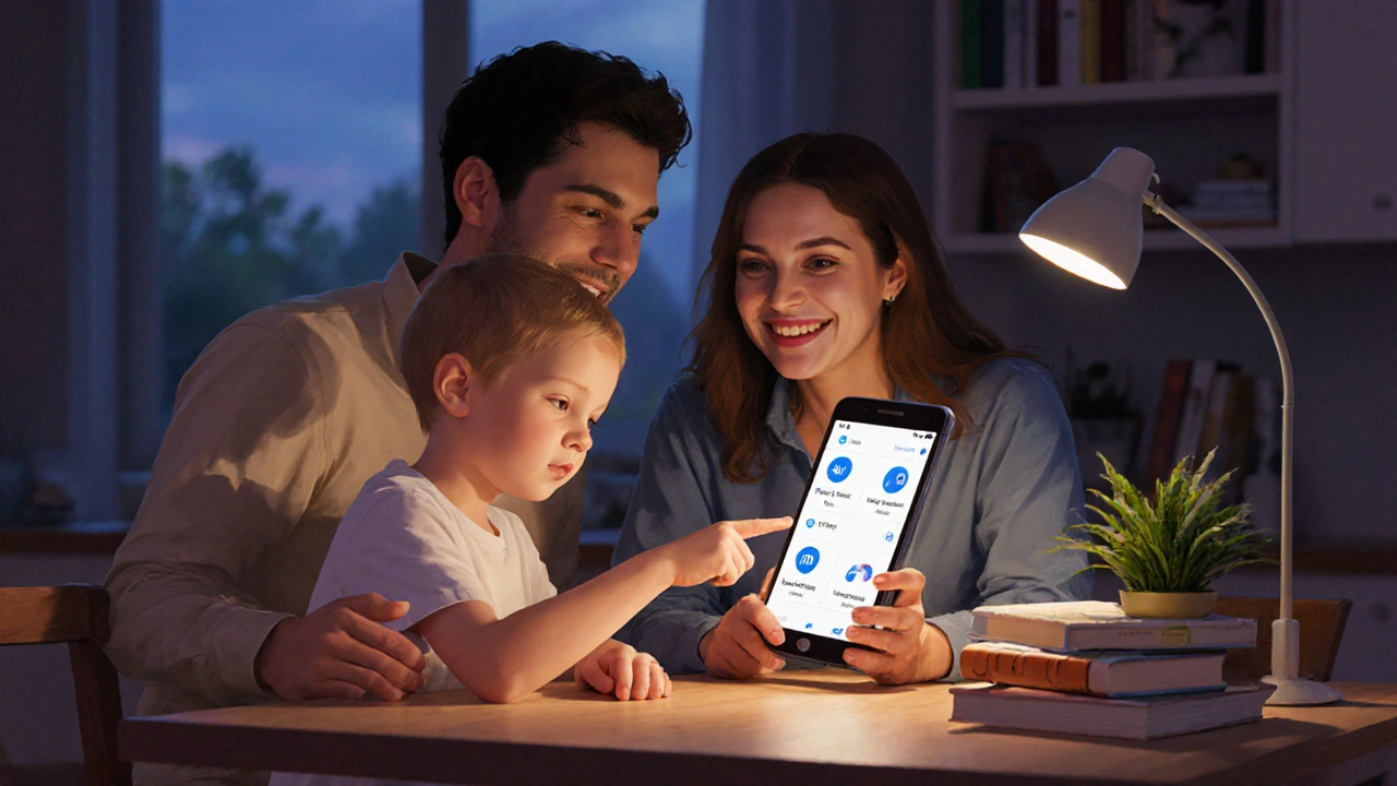 Rodina v Česku společně sleduje nastavení telefonu na obrazovce v kuchyni.