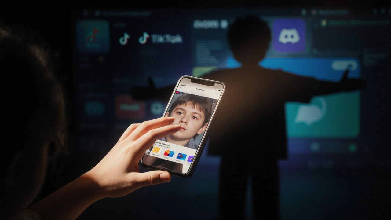 Ruka dítěte se táhne k telefonu, na obrazovce se odráží jeho obličej.