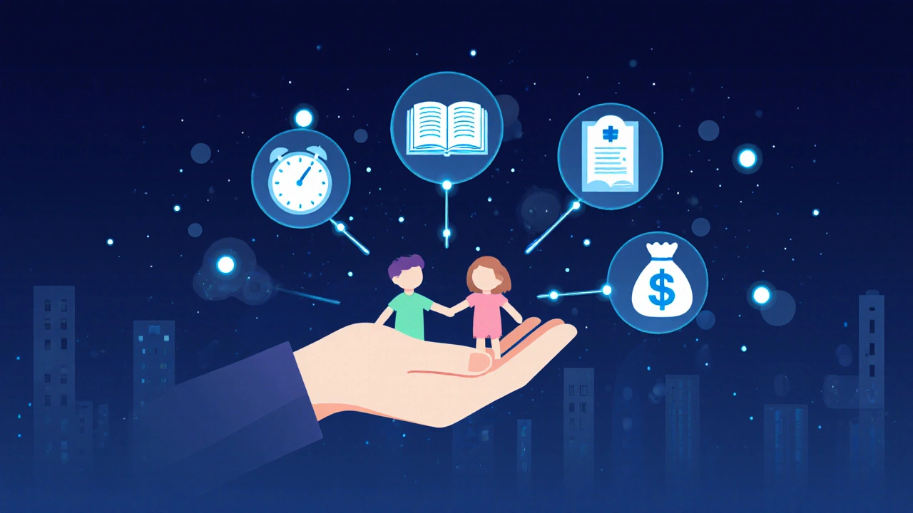 Ruka drží dítě za ruku, nad nimi plavou ikony služeb hlídání a příjmů.