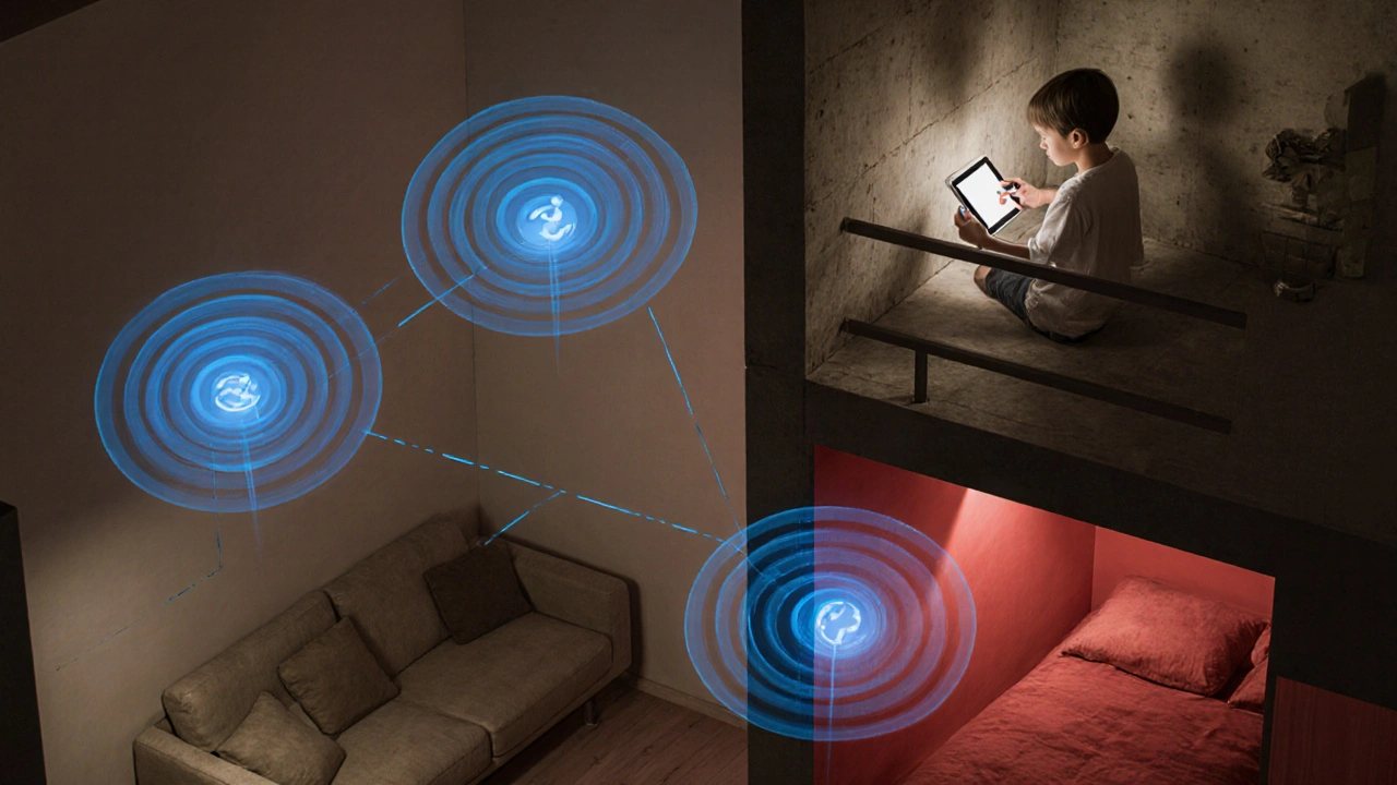 Schéma domácí WiFi sítě s rovnoměrným pokrytím v domě, blokované signály u betonových stěn.