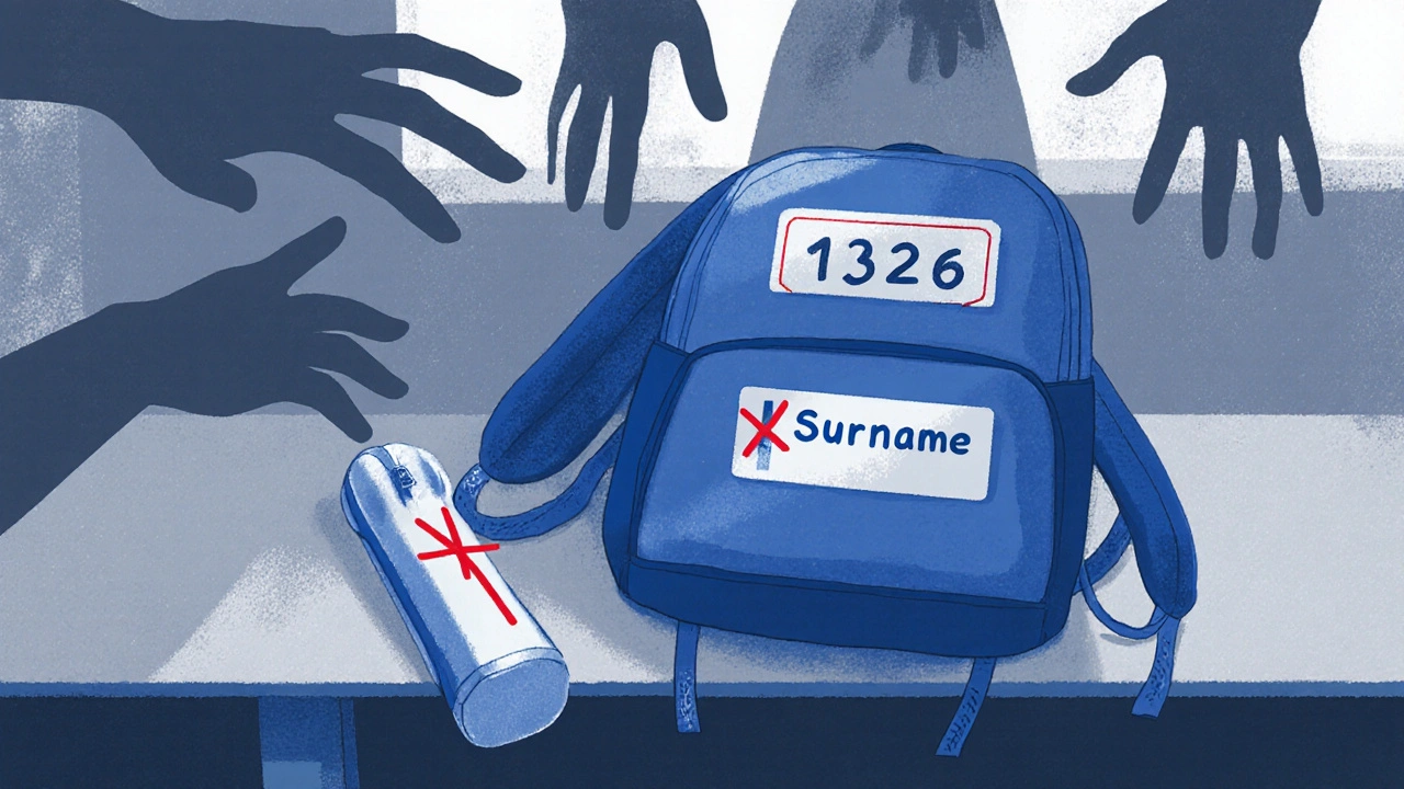 Školní taška s viditelnými identifikátory v pozadí stínů.