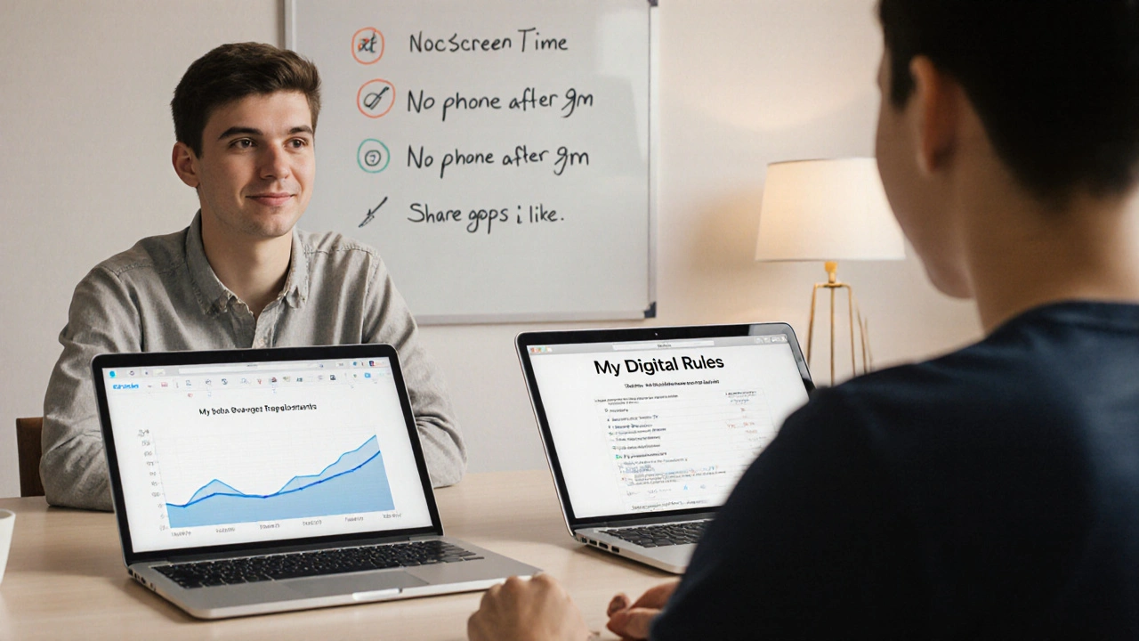 Teenager a rodič společně vytvářejí pravidla pro digitální bezpečnost.