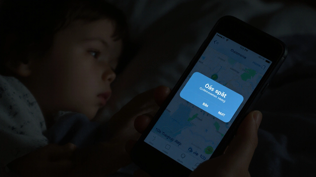 Telefon dítěte se automaticky uzamkne v 21:00, zatímco rodič sleduje stav.