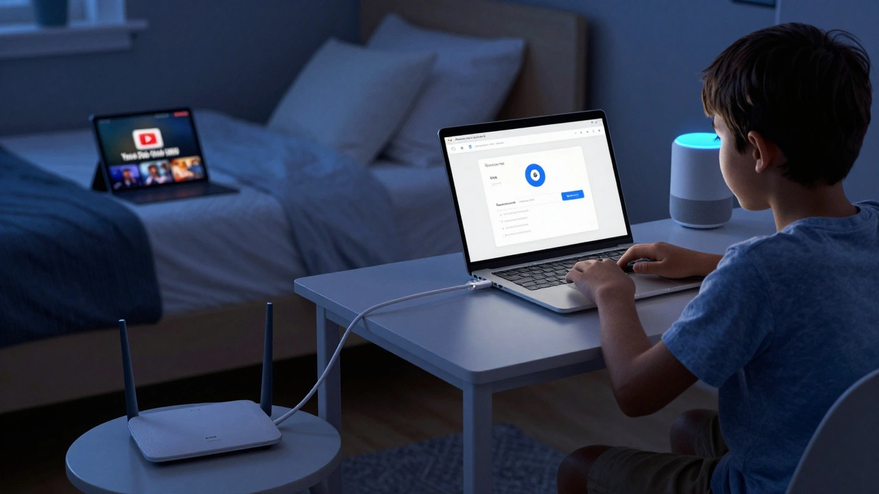 Chlapec dělá domácí úkol přes kabel Ethernet v pokoji při slabém osvětlení.