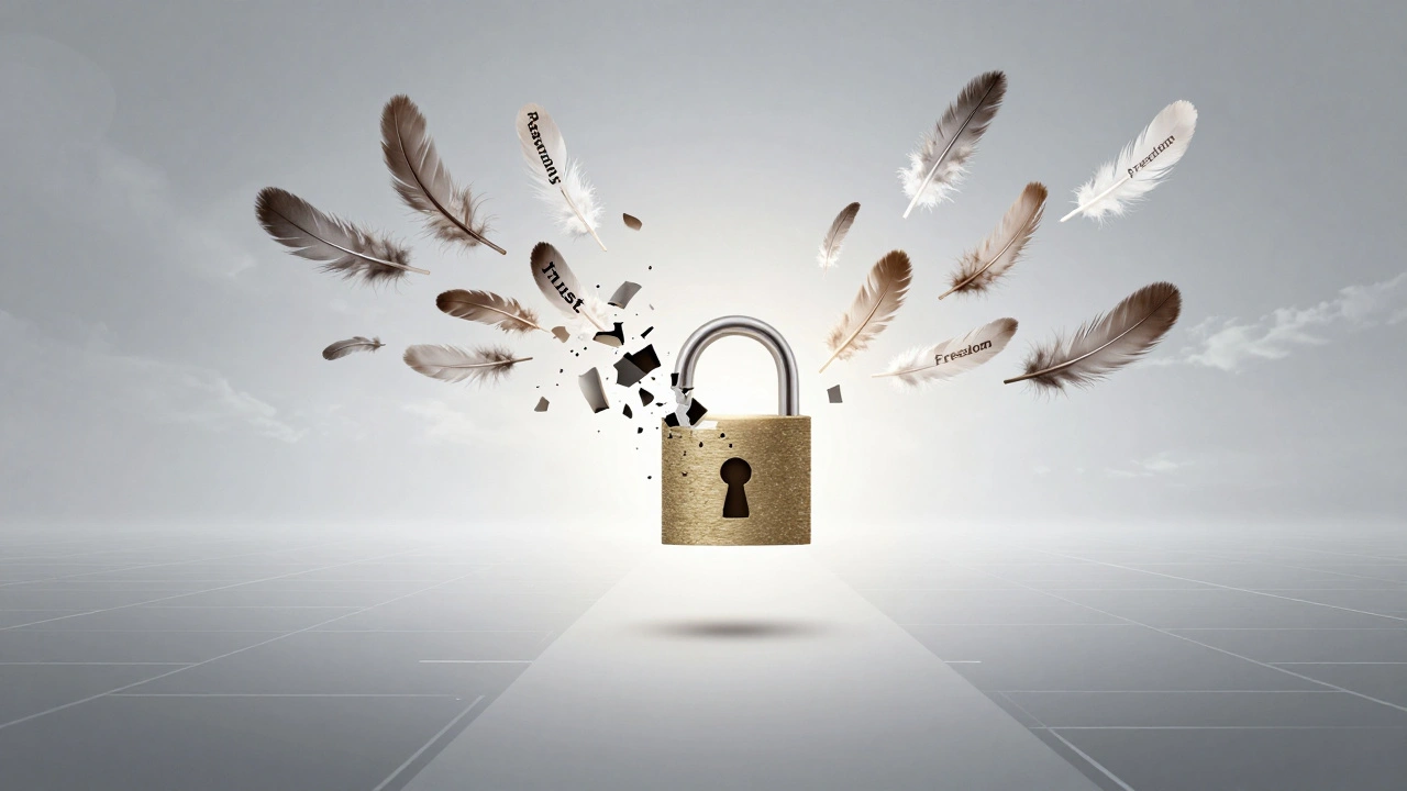 Digital lock dissolving into feathers symbolizing responsibility and freedom.