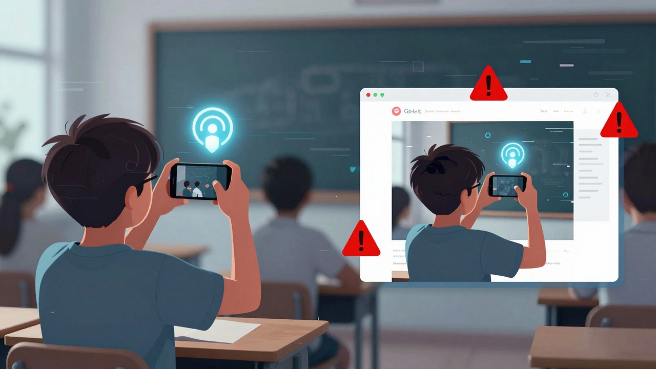 Dítě fotí ve škole, zatímco stejná fotka se objevuje na podezřelých webových stránkách.