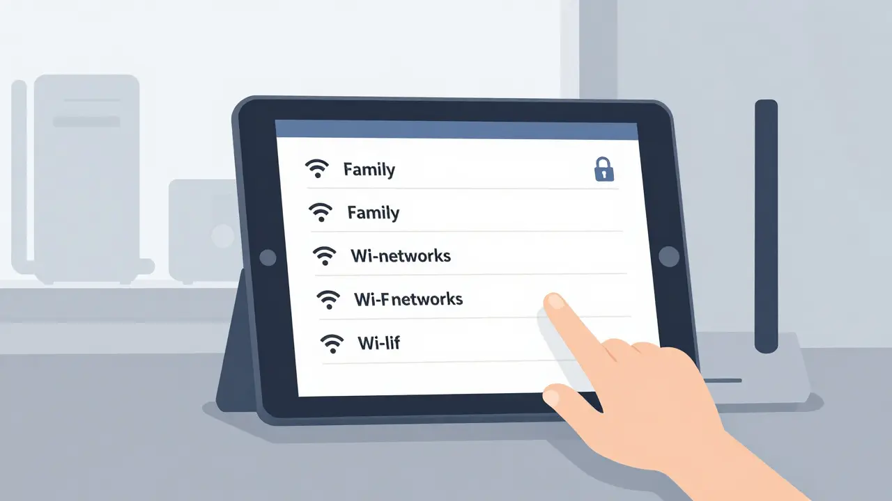 Dítě hledá Wi-Fi síť na tabletu, ale rodinná síť není v seznamu, symbolizující skrytí.