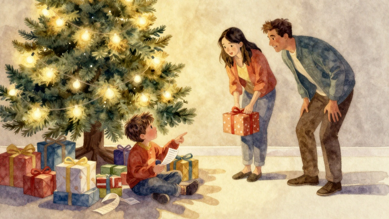 Dítě pozoruje rodiče, jak tajně balí vánoční dárky pod stromkem.