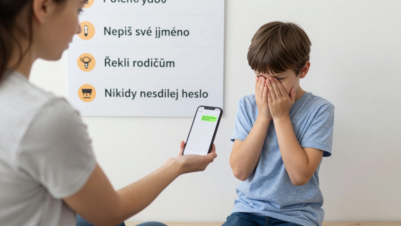 Dítě přijímá nebezpečnou zprávu, zatímco rodič mu nabízí podporu a klidnou komunikaci.