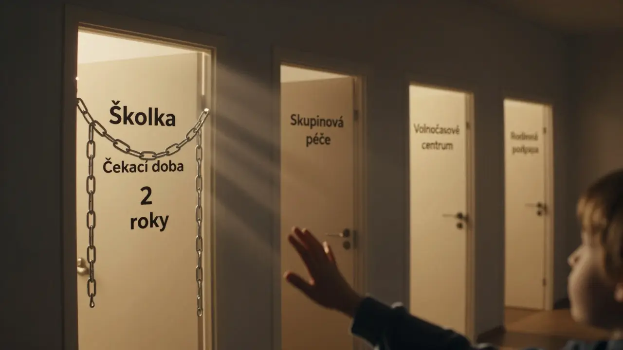 Dítě se táhne ke dveřím školky, zatímco jiné cesty svítí v pozadí.