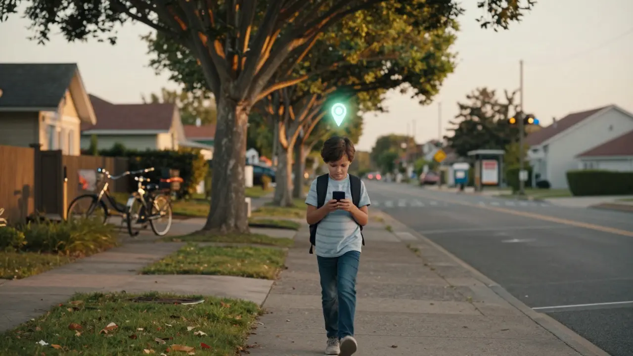 Dítě se vrací ze školy, jeho poloha je viditelná jako jemný světlý bod nad hlavou.