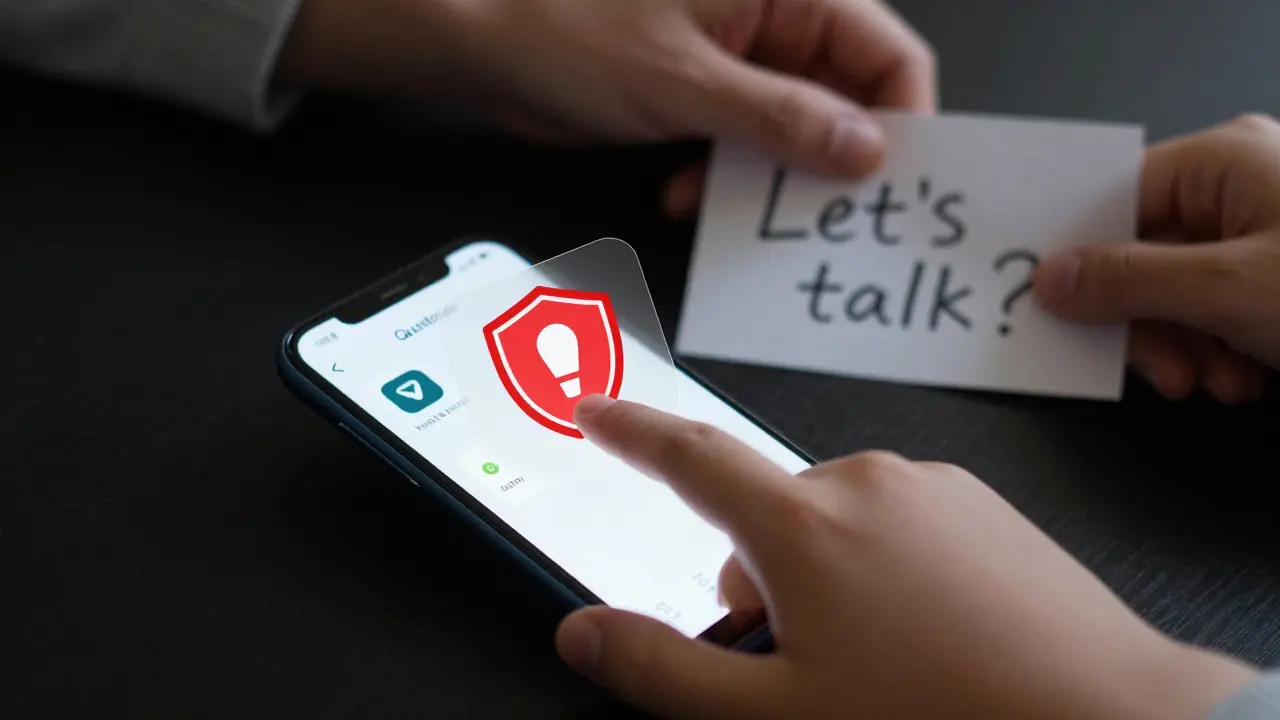 Dítě se zastaví před VPN aplikací, zatímco systém zobrazuje varování.