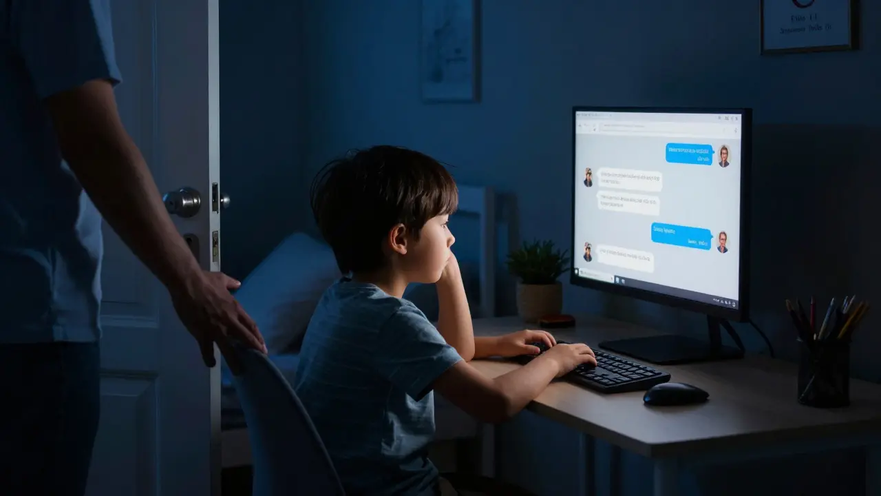 Dítě sedí u počítače v temné místnosti, rodič stojí v dveřích, tichá přítomnost.