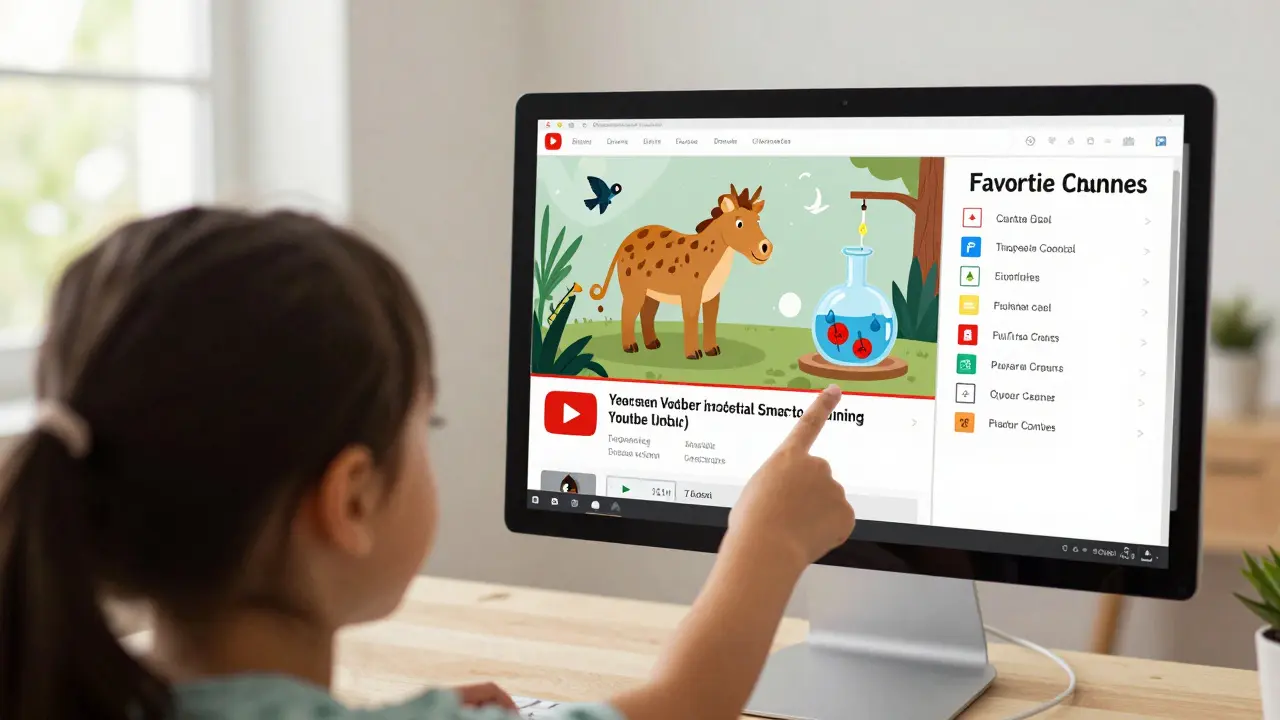 Dítě ukazuje na vzdělávací video o zvířatech s seznamem oblíbených kanálů.