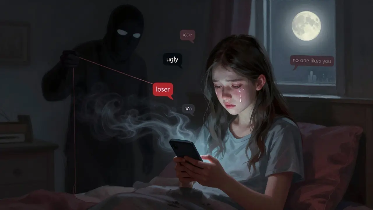 Dívka pláče před telefonem, kolem ní se točí škodlivé komentáře, za ní se tyčí stínová postava.