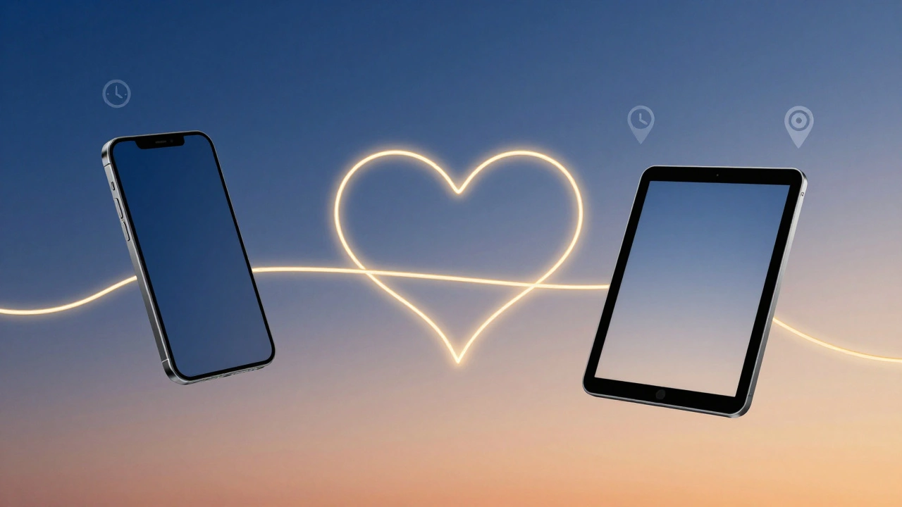 Dva zařízení spojená zlatým světlem ve tvaru srdce, symbolizující bezpečnou vazbu.