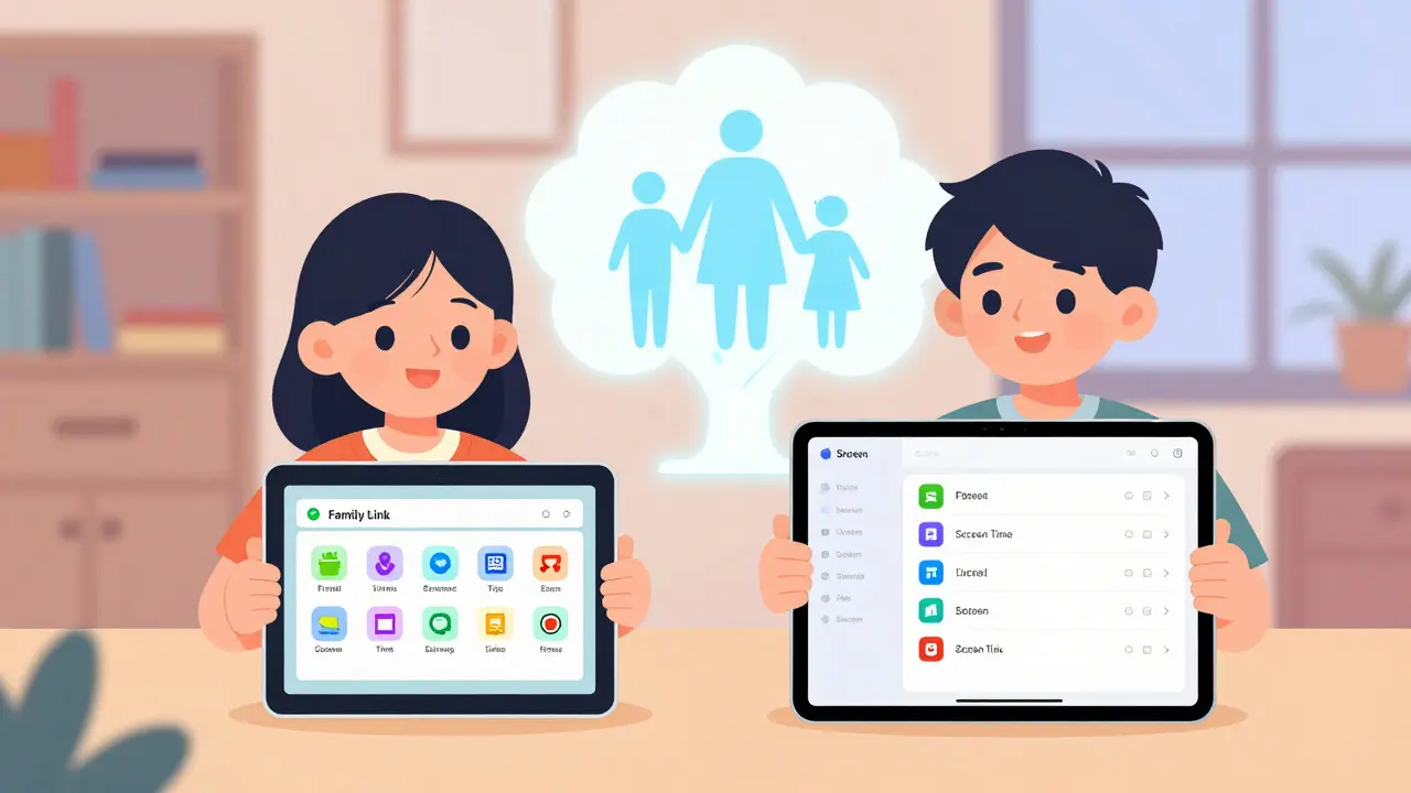 Dvě děti používají různá zařízení s aktivními nástroji pro rodičovskou kontrolu.