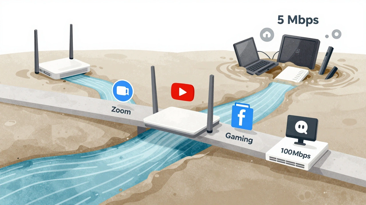 Koncepční obrázek: proudy internetového provozu tekoucí stabilně přes router, staré zařízení potápí se v blátě.