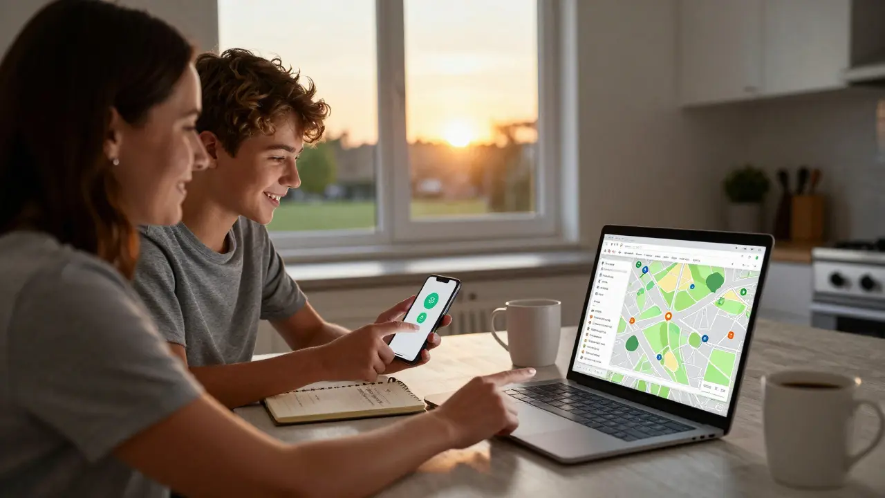 Matka a dospívající diskutují o poloze na mapě při večeři, v pozadí slunce.