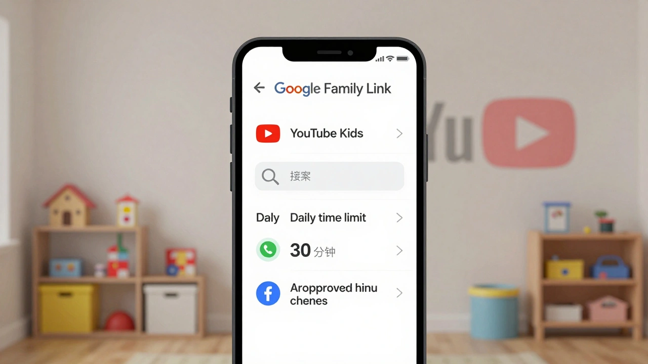 Nastavení rodičovské kontroly na telefonu: YouTube Kids s vypnutým vyhledáváním a časovým limitem.