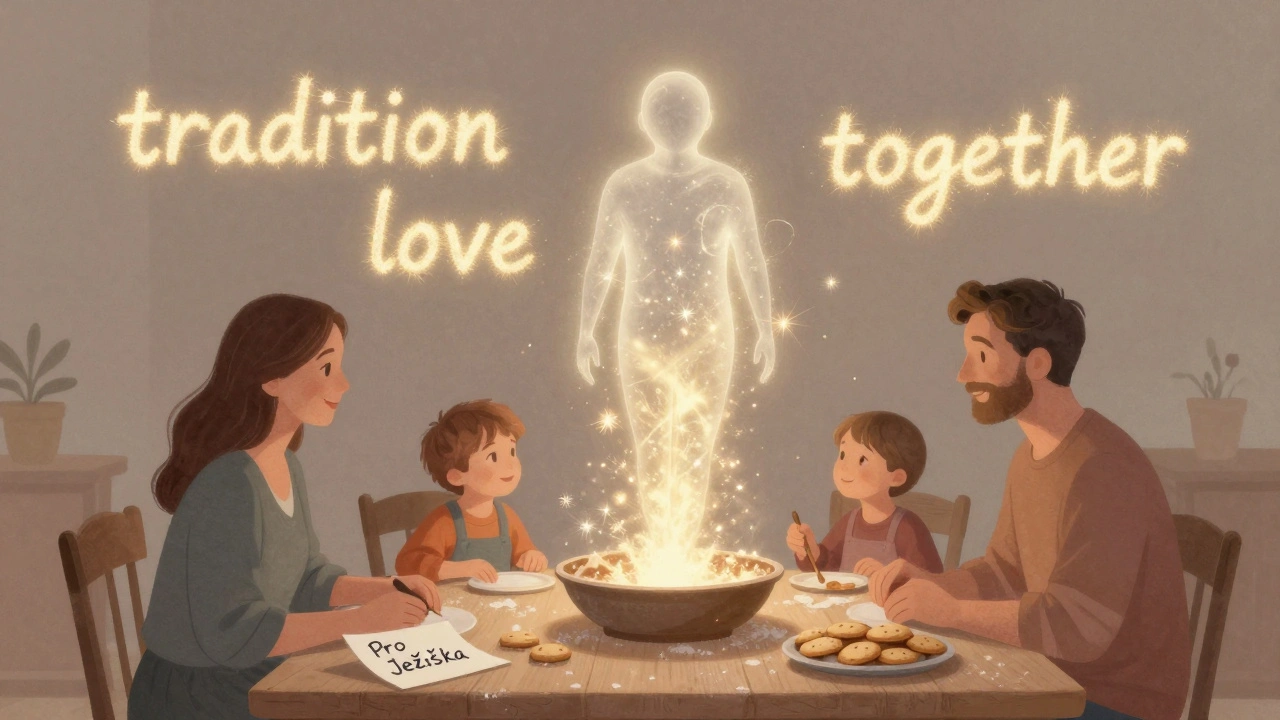 Přechod Ježíška z mýtu do tradice: rozplynuvší se postava nad rodinou pečoucí cukroví.