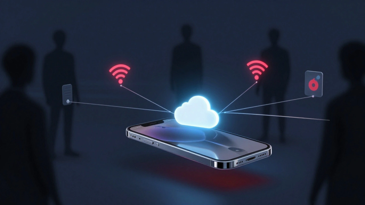 Průhledný iPhone spojený neviditelnými vlákny s tajnými zařízeními a iCloud.