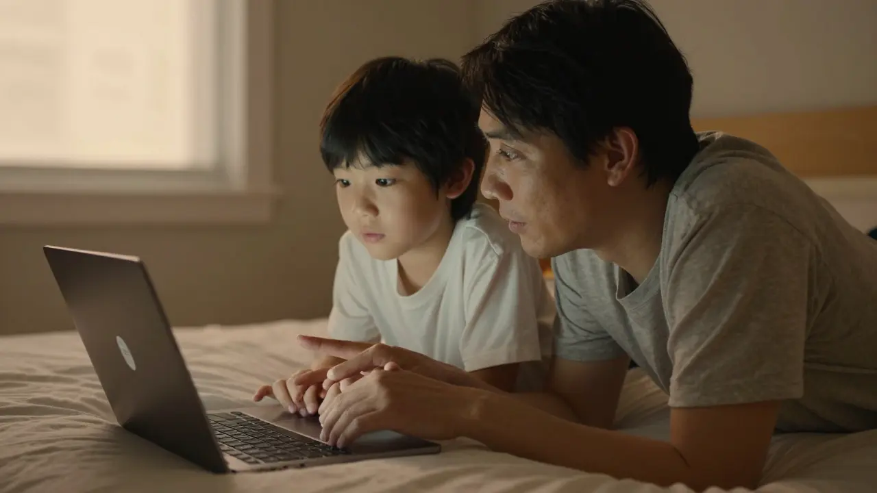 Rodič a dítě společně sledují obrazovku, jejich ruce se dotýkají zařízení, vzniká pocit důvěry a společného poznávání.