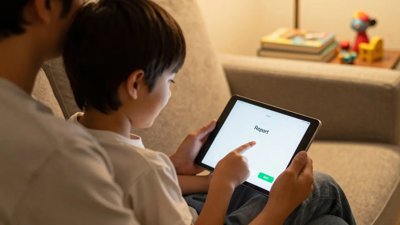 Rodič a dítě společně ukazují na tlačítko 'Nahlásit' na tabletu, teplé osvětlení, klidná atmosféra.