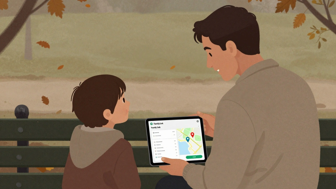 Rodič a dítě spolu hovoří o používání telefonu na lavičce v parku.