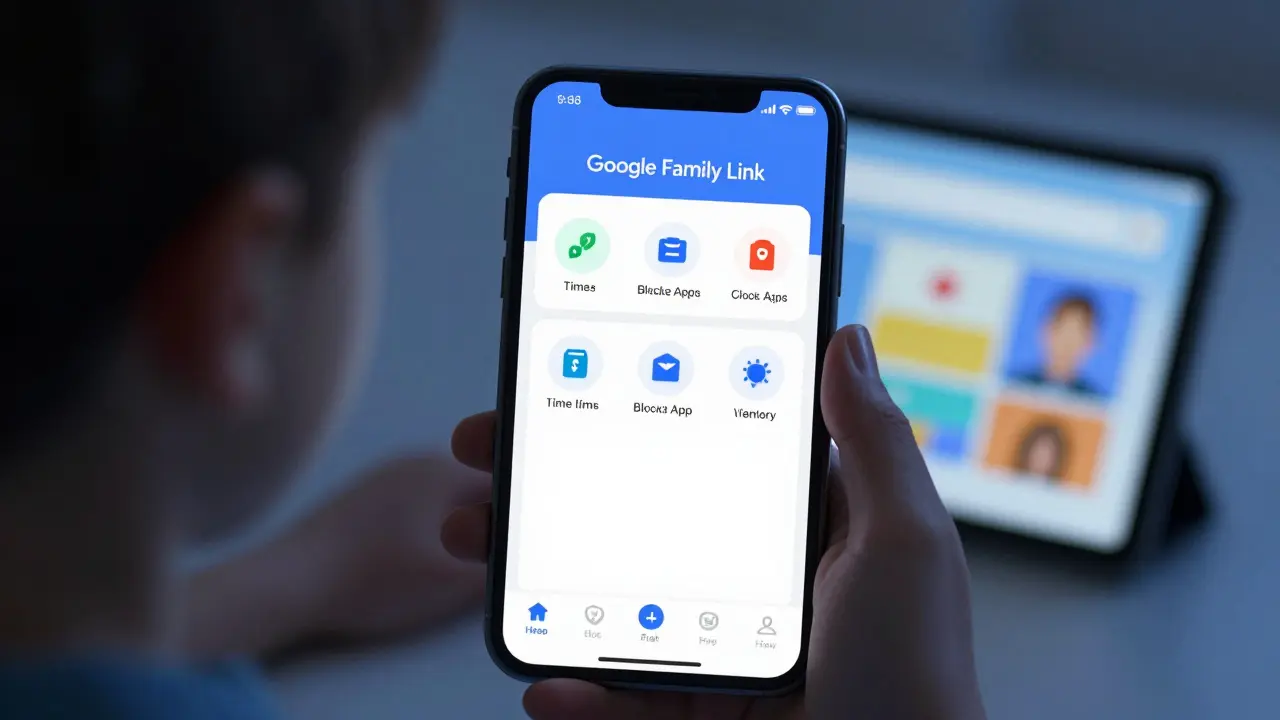 Rodič kontroluje nastavení Google Family Link na telefonu pro omezení YouTube.