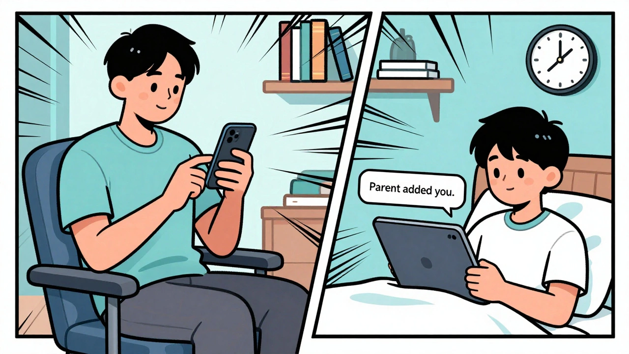 Rodič nastavuje časový limit na telefonu, dítě dostává oznámení o přidání.