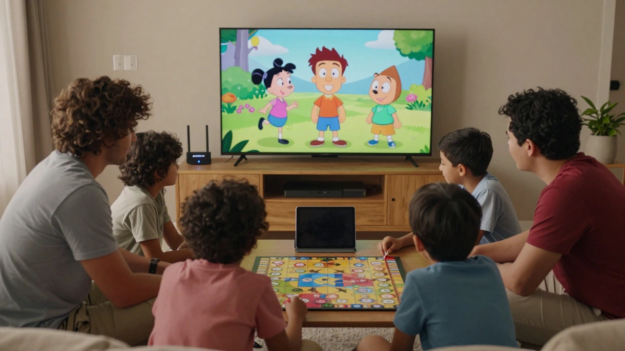 Rodina hraje společně hru, zatímco na televizi přehrává bezpečný dětský obsah.