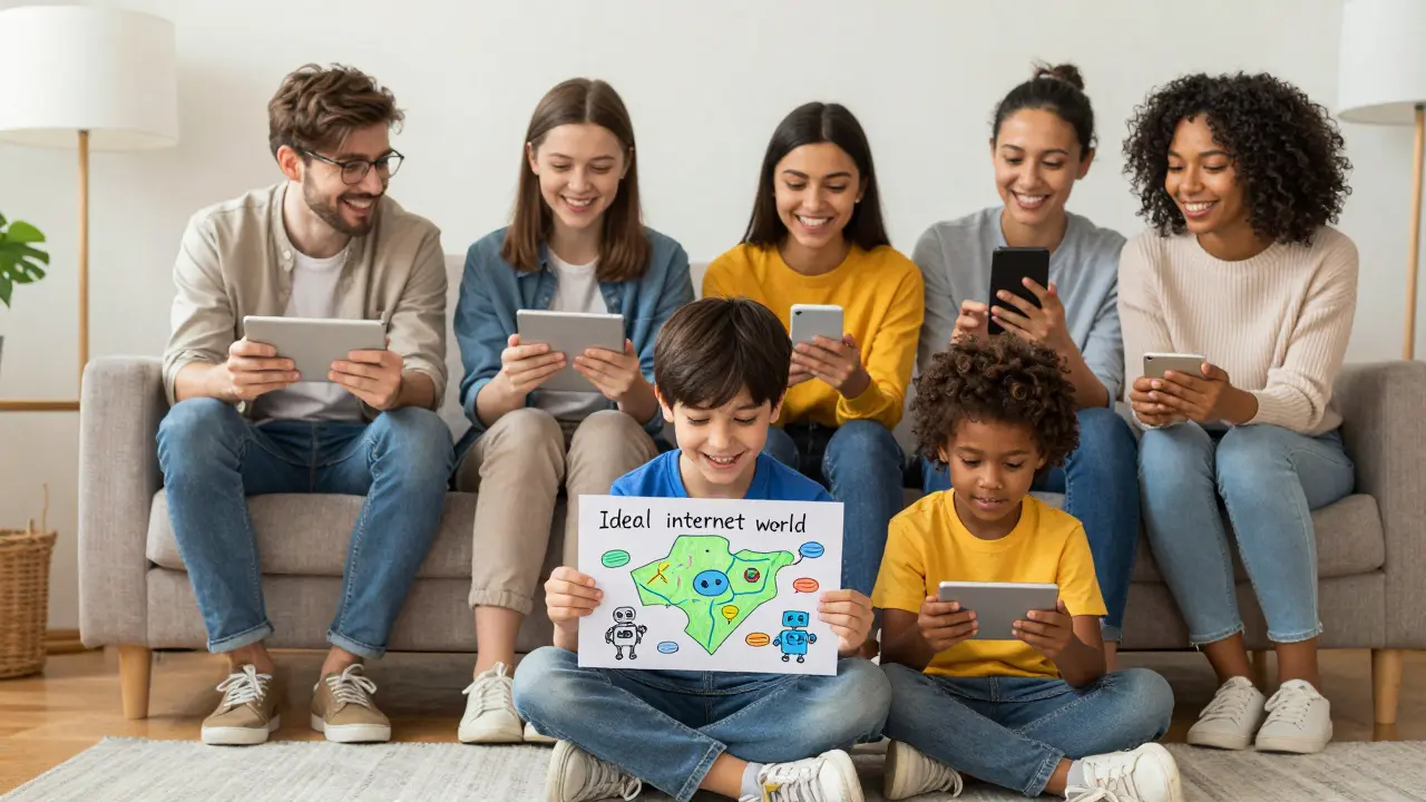 Rodina společně kreslí ideální internetový svět plný přátelství a bezpečí.