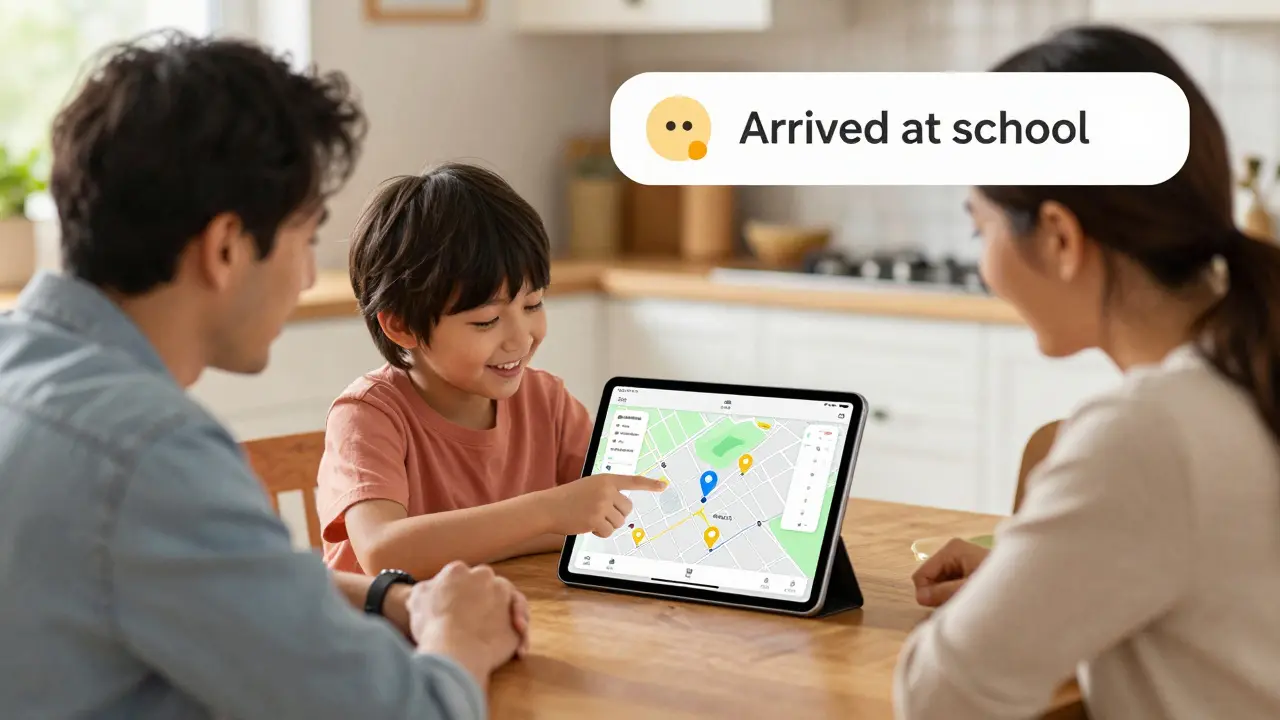 Rodina společně prohlíží mapu poloh na iPadu, dítě ukazuje na místa domova a školy.