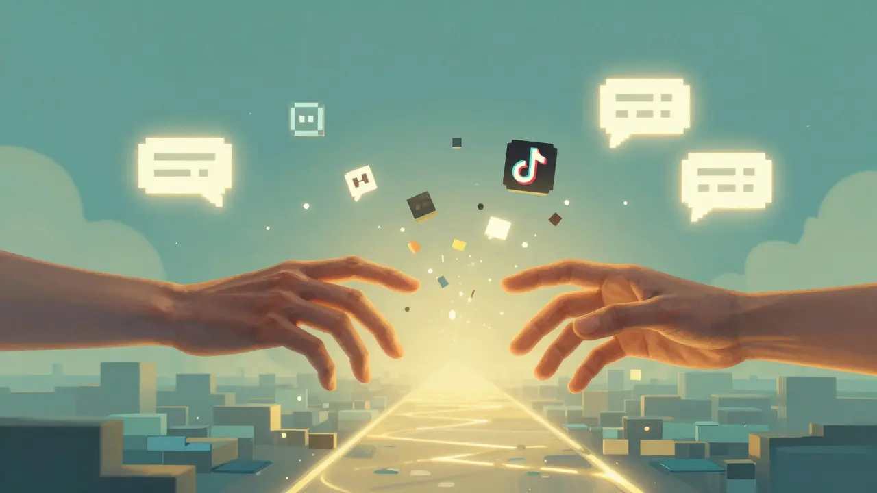 Ruky se dotýkají přes digitální svět — lidská a pixelová, spojené světlem důvěry.